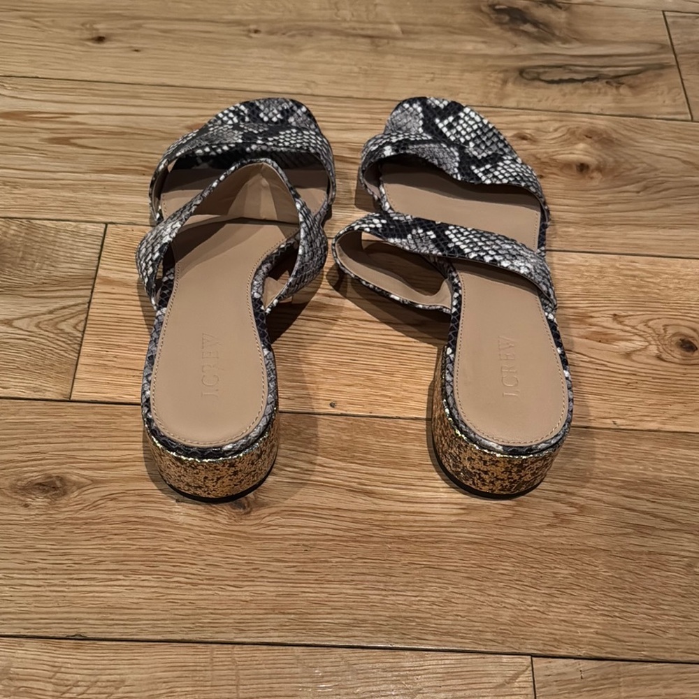 J. Crew snakeskin and gold glitter sandal. Size 10